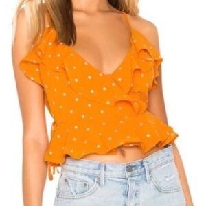 REVOLVE Women’s Privacy Please Wrap Orange Polka Dot Embroidered Ruffle Tie Top